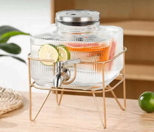 Glass Water Server With Wooden Stand - Elegant Beverage Dispenser