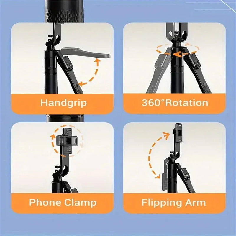 360 Rotating Pan Tilt Selfie Stick Tripod - Adjustable Phone Mount