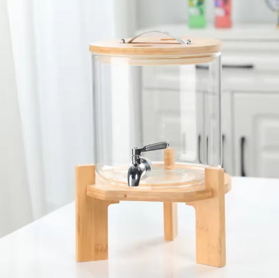 Glass Beverage Dispenser With Wooden Stand - Drink Server
