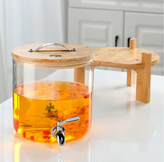 Glass Beverage Dispenser With Wooden Stand - Drink Server