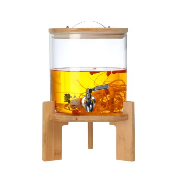Glass Beverage Dispenser With Wooden Stand - Drink Server