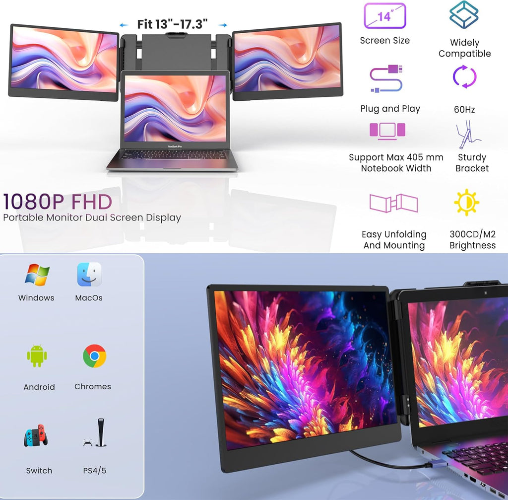 Laptop Screen Extender 14" FHD IPS - Portable Dual Triple Monitor