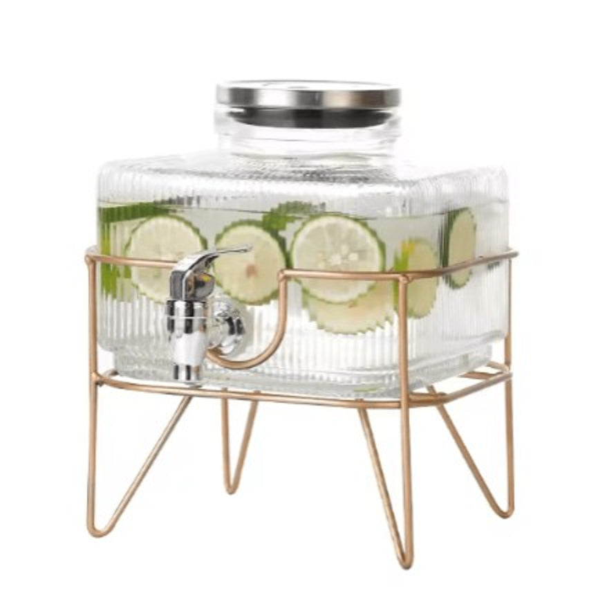 Glass Water Server With Wooden Stand - Elegant Beverage Dispenser